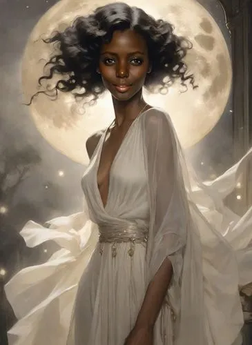 fantasy portrait,tiana,queen of the night,mystical portrait of a girl,moonlight,lady of the night,priestess,moonlit,sorceress,fantasy picture,the enchantress,moonflower,moon phase,fantasy art,fantasy woman,african american woman,romantic portrait,lunar,moonbeam,rosa 'the fairy,Photography,Cinematic