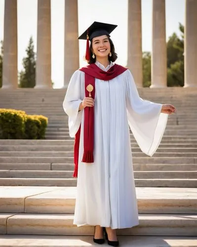 Graduation scene, university campus, mature lady, elegant smile, degree in hand, black graduation cap, gold tassel, white gown, red stole, confident posture, standing, stairs, classic Greek columns, m