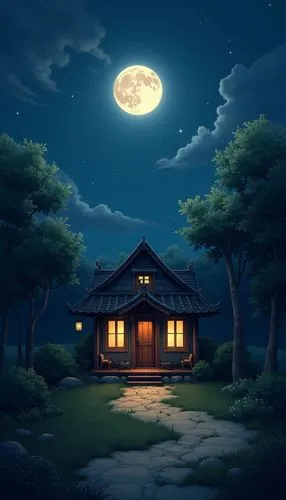 moonlit night,night scene,lonely house,moonlit,japanese-style room,teahouse,Illustration,Vector,Vector 03