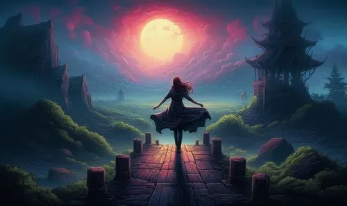 fantasia,fantasy picture,castlevania,the mystical path,beautiful wallpaper,shadowgate,game illustration,majora,fantasy landscape,world digital painting,dark world,the path,3d fantasy,fantasy world,dusk background,dusk,oscura,wanderer,the wanderer,pathway,Illustration,Realistic Fantasy,Realistic Fantasy 25