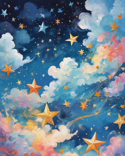 Bring a touch of magic to your desktop with a whimsical background featuring sparkling stars and floating clouds.,colorful stars,falling stars,starry sky,star sky,rainbow and stars,hanging stars,stars