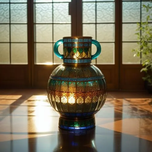 فازة من الزجاج المعشق بزخارف اسلامية,there is an old glass vase with a handle,glass vase,colorful glass,vase,copper vase,glass jar,mosaic glass,Photography,General,Realistic