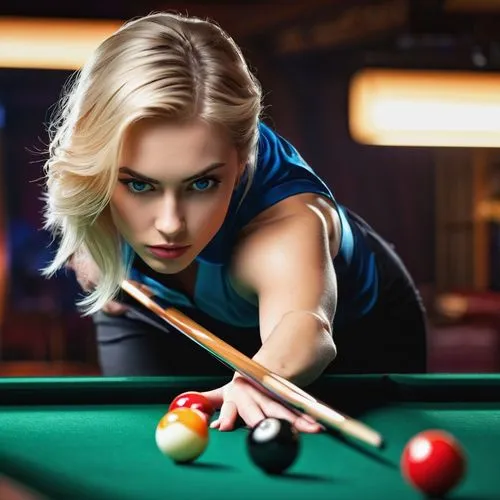 pool player,billiards,english billiards,billiard,bar billiards,pocket billiards,carom billiards,nine-ball,billiard table,snooker,blackball (pool),billiard ball,billiard room,eight-ball,straight pool,cue stick,indoor games and sports,woman playing,recreation room,pool,Illustration,Realistic Fantasy,Realistic Fantasy 25