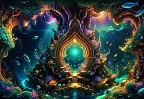 amazing fractal,a futuristic art work with different shapes and colors,fractal environment,ayahuasca,innervate,fractals art,colorful tree of life,aura,elementals,legendarium,loa,majora,jebtsundamba,ap