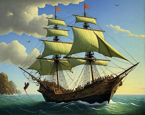 galleon ship,full-rigged ship,caravel,galleon,sea sailing ship,east indiaman,sail ship,barquentine,sailing ship,portuguese galley,sloop-of-war,tallship,three masted sailing ship,trireme,mayflower,barque,sailing ships,manila galleon,steam frigate,frigate,Illustration,Realistic Fantasy,Realistic Fantasy 05