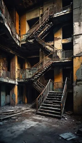 Abandoned skyscraper, futuristic cityscape, dystopian atmosphere, crumbling concrete walls, broken glass windows, rusty iron beams, exposed pipes, peeling paint, worn-out staircases, dimly lit corrido