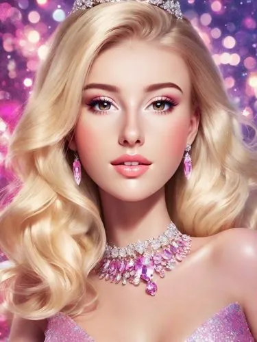 Beautiful blonde lady made to look like a Barbie doll for a party. Cerise dress. Tiara. Blinging jewellery. Sparkles. Artistic. Abstract background. 3D render. Pixar style.,a painting of a blonde girl