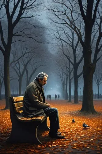 man on a bench,loneliness,hosseinpour,hossein,to be alone,elderly man,world digital painting,solitude,autumn background,veilleux,lonergan,temporal,depressed woman,the autumn,pensioner,melancholia,lonely chestnut,sorrow,man praying,fallen leaves,Conceptual Art,Daily,Daily 02