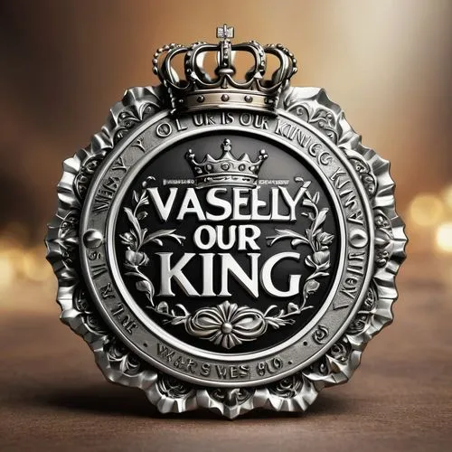 a round, silver badge with the words "Waesly is Our King" and a crown,vassa,viceroyalty,valyrian,vaisya,varys,vqa,the king of,kgv,sieveking,vhl,varkey,kingery,kingsale,vasiliy,king crown,vargem,kingli