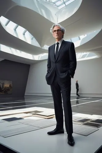 Donald Albrecht, curator, middle-aged man, bespectacled, grey hair combed back, formal attire, black suit, white shirt, dark tie, holding a small notebook, standing in front of a large architectural m