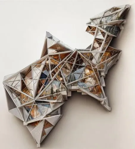 architecture by alena aenami, very modern house, abstract =,escher,steel sculpture,glass pyramid,origami paper,kaleidoscope art,mechanical puzzle,origami,dodecahedron,facets,origami paper plane,buildi