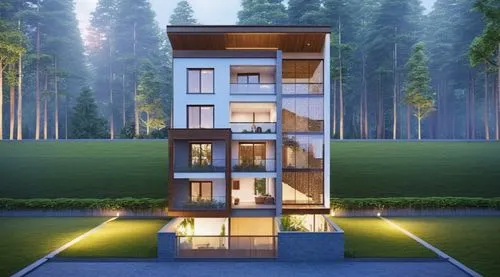 residential tower,cubic house,treehouses,modern architecture,3d rendering,house in the forest,Photography,General,Realistic