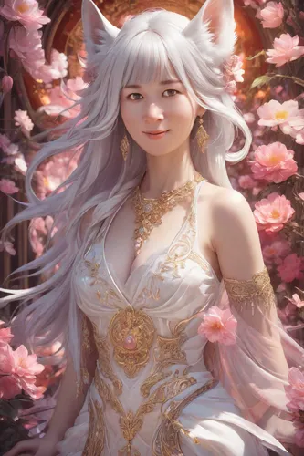 Kyoto Animation stylized anime ~ A Gorgeous flowing white hair, fox ears, stylish, pink eyes, fiery flowers background, beautiful, goddess, fantasy world. Cinematic Lighting, ethereal light, intricate