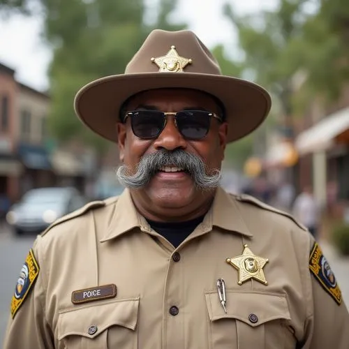 Happy fat middle aged African American police sheriff with big gray handle bar mustache in sunglasses in tan uniform with a hat down town with pine trees,a police officer standing on the side of a roa