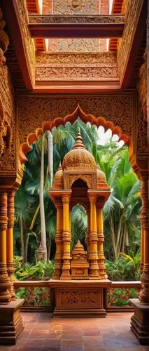 Intricate Hindu temple, ornate carvings, vibrant colors, golden domes, delicate stone sculptures, intricate frescoes, majestic pillars, serene courtyard, lush greenery, tropical flowers, soft warm lig