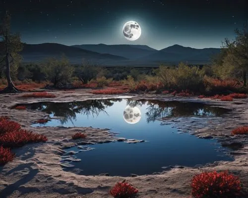 lunar landscape,moonscape,valley of the moon,moon valley,moon and star background,moonlight cactus,desert landscape,desert desert landscape,moonlit night,moon at night,reflection in water,landscape background,virtual landscape,fantasy landscape,crescent spring,mountain spring,dry lake,moonrise,salt meadow landscape,reflecting pool,Photography,General,Realistic