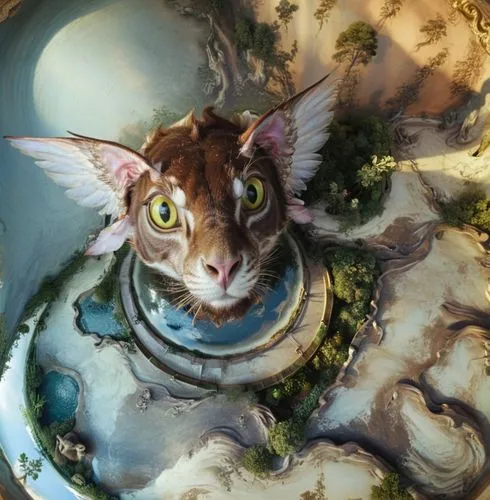 a cat with a fake wing on his head in a bowl,glass ornament,decorative plate,glass painting,christmas ball ornament,flower cat,bengal cat,Conceptual Art,Fantasy,Fantasy 24