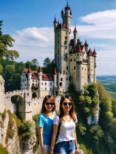 Asian tourist girls in front of Lichtenstein Castle.,two girls are standing at the top of a high cliff,fairy tale castle sigmaringen,neuschwanstein,neuschwanstein castle,bran castle,czechs,eastern eur