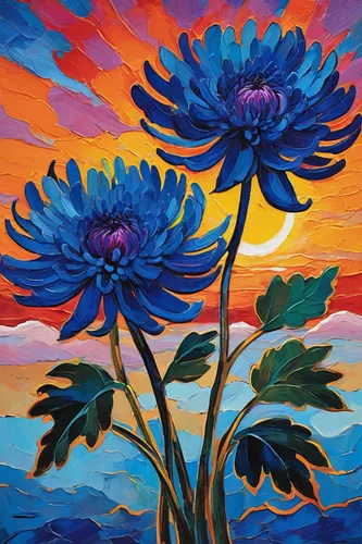 blue daisies,african daisies,blue chrysanthemum,purple dahlias,dahlias,flower painting,flower in sunset,violet chrysanthemum,purple chrysanthemum,blue flowers,blue painting,purple dahlia,barberton daisies,sun daisies,blue petals,peacocks carnation,oil painting on canvas,gerbera daisies,colorful flowers,flower art,Conceptual Art,Oil color,Oil Color 25