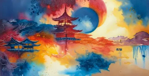 palyul,shanghai disney,shambhala,watercolor background,barongsai,thangka,Illustration,Paper based,Paper Based 24