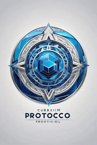 Modern, futuristic protocol logo, metallic silver and blue colors, circular shape with geometric patterns, intricate details, 3D design, glossy finish, subtle gradient effects, centered text "Protocol