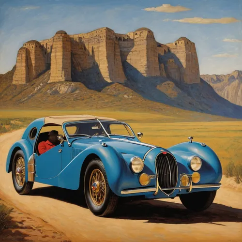 Describe a romantic getaway where a couple explores beautiful destinations in a luxurious Bugatti SUV.,bmw 328,bmw 327,jaguar xk120,bugatti type 57s atalante number 57502,jaguar xk140,jaguar xk150,bug