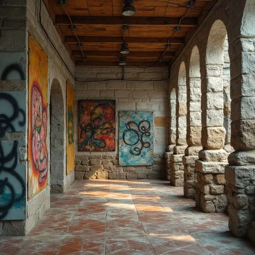 degrazia,murals,graffiti,undercroft,cloisters,arcosanti,graffiti art,wall painting,patio,inside courtyard,hall,graffitti,vestibule,cloister,royo,crypt,foyer,walls,urbex,children's interior,Photography,General,Realistic