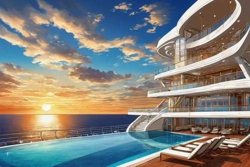 Luxury cruise ship, futuristic architecture, sleek white lines, massive glass windows, majestic grand staircase, opulent chandeliers, marble flooring, lavish furnishings, VIP lounge, rooftop pool, sun