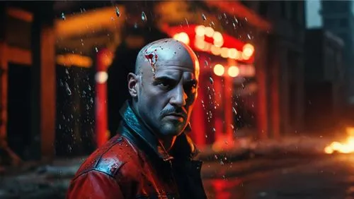   A Bald adult wearing a red jacket holding Zoom in , Fast motion video, Tracking subject, Sunlight glinting off the asphalt, “A post-apocalyptic cityscape, with  urban Cityscape and survivors running