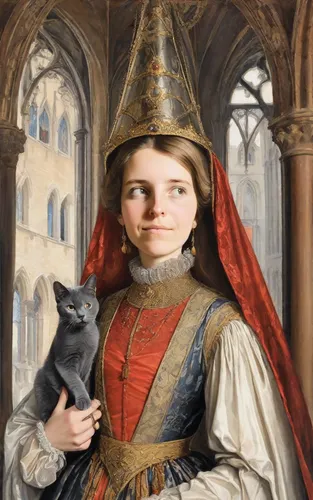 woman Isabelle de Bourbon in 15th century medieval dress holding a British dark grey cat in her arms | on the woman's head there is a high Gothic cone "atour" | woman's hair is completely hidden under