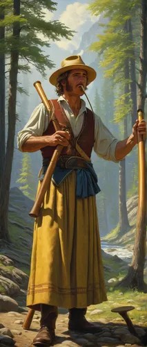 Create a suspenseful narrative about an alphorn player who discovers a hidden message encoded in the ancient melodies they play.,quarterstaff,alphorn,pilgrim,pilgrims,woodsman,farmer in the woods,shep