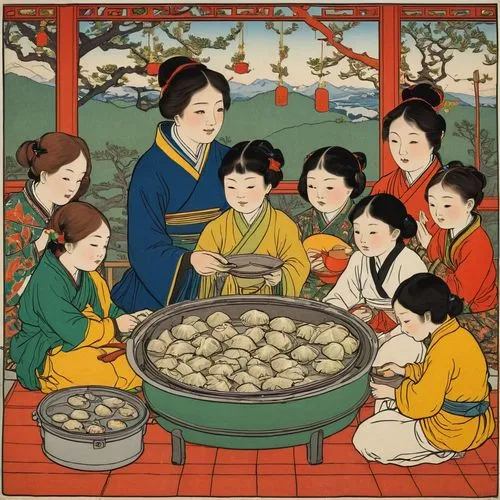 tangyuan,chankonabe,tteok,singingbowls,korean royal court cuisine,steamed dumplings,kimchijeon,spring festival,korean culture,kusa mochi,huaiyang cuisine,cool woodblock images,hot pot,chrysanthemum tea,nabemono,rice ball,mitarashi dango,quail eggs,dumplings,mooncake festival,Illustration,Retro,Retro 11