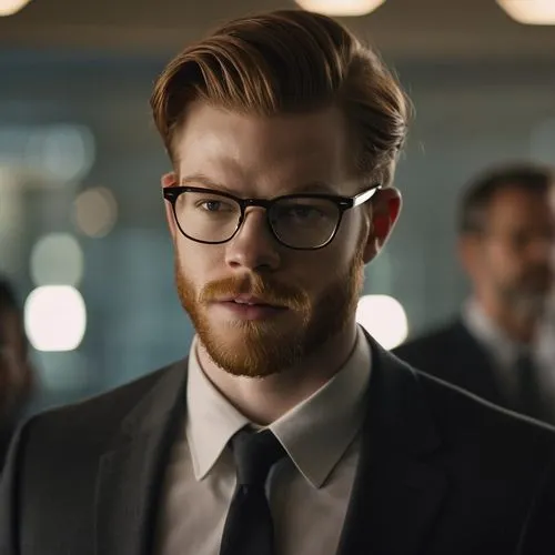 Cameron Monaghan with beard and glasses as businessman,a man with glasses looks into the distance,gingrichian,zaytsev,gleeson,karyo,redbeard,magnussen,Photography,General,Cinematic