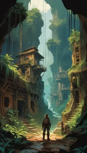 postapocalyptic,lost place,ancient city,uncharted,world digital painting,spelunker,environments,ruins,bastion,shambhala,game illustration,kinkade,game art,strangehold,ruin,hinterlands,khandaq,wander,mushroom landscape,ravine