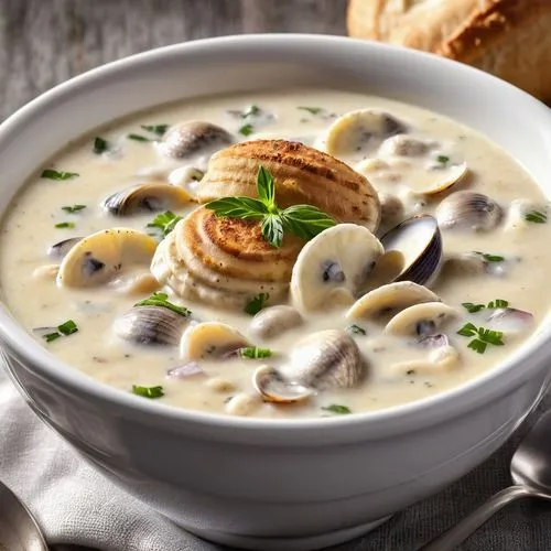 cream of mushroom soup,clam chowder,escargot,potato soup,avgolemono,clam sauce,corn chowder,baltic clam,cullen skink,ezogelin soup,pelmeni,blanquette de veau,bisque,soup bunch,vichyssoise,manchow soup,onion soup,potage,tripe soup,sausage gravy,Photography,General,Realistic