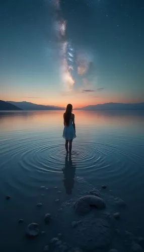 woman standing in the water at night, looking up at the sky,horizons,the horizon,great salt lake,astronomy,the endless sea,the universe,Photography,General,Realistic