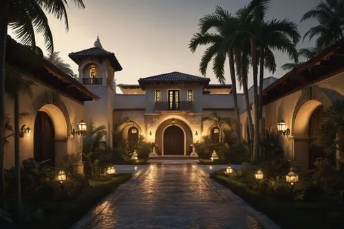 Carolina style villa, exterior night scene, grand entrance with stone pillars, ornate iron gates, lush greenery surroundings, warm yellow ambient lighting, lanterns hung from trees, pathway leading to