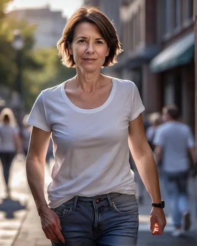 Mature lady, 35yo, strong facial features, short brown hair, minimal makeup, casual wear, jeans, white T-shirt, sneakers, standing, urban environment, city streets, morning time, sunny weather, shadow