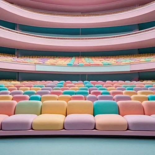 theater building where the seating and exterior facade mimic layers of macarons, with different sections featuring pastel colors. The rounded shapes and smooth surfaces resemble the curves of the swee