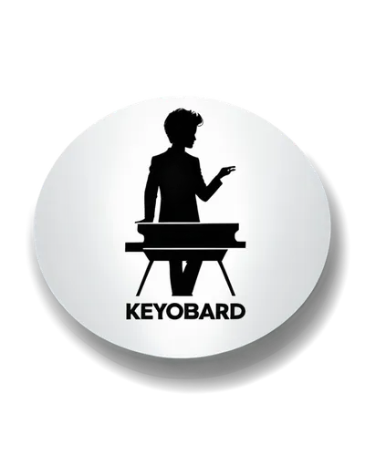 Keyboardist, logo, circular shape, silver outline, glossy finish, reflective surface, modern font, bold typography, white background, centered composition, soft lighting, shallow depth of field, metal