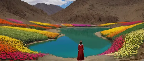 Imagine a wadi filled with colorful flowers and write a poem about it.,flowerful desert,tibet,xinjiang,the valley of flowers,world digital painting,in xinjiang,splendor of flowers,ladakh,turpan,flower