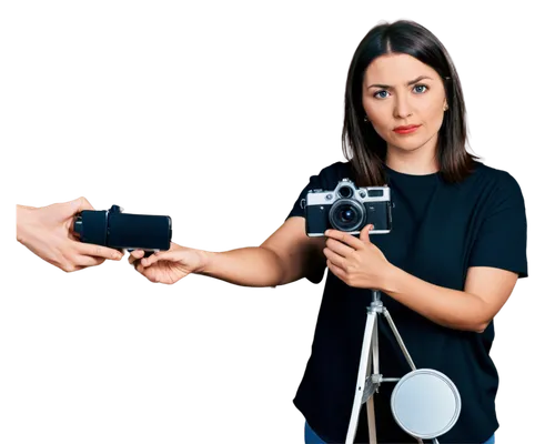 360-degree view, camera, photography equipment, metallic body, lens, tripod stand, professional photographer, hands holding camera, fingers on shutter button, serious facial expression, studio lightin