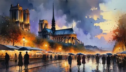 watercolor paris,notredame,notre dame,notre,pluie,universal exhibition of paris,Illustration,Paper based,Paper Based 04