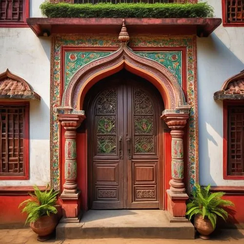 Assam type house, traditional Indian architecture, ornate carvings, intricate stonework, curved arches, grand entrance, wooden doors with metal knockers, sloping roofs with red tiles, white walls with