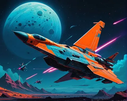 Una batalla aeroespacial. Los colores son anaranjados y azules. Estilo de dibujo Retro Sci-Fi. Estilo de dibujo Synthwave.,garrison,nightfighter,defend,vector,gradius,defence,starlink,starfighter,spac