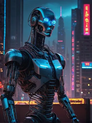 Hangman AI, futuristic robot, glowing blue eyes, metallic skin, wires exposed, robotic limbs, mechanical hands, complex circuitry chest, neon lights, virtual screen forehead, binary code tattoos, stan