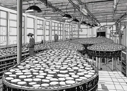 yoghurt production,cheese factory,panopticon,hat manufacture,the boiler room,the production of the beer,network mill,engine room,heavy water factory,brewery,factory hall,salt extraction,cheesemaking,disk array,transistors,the server room,chemical laboratory,baker's yeast,food processing,workhouse,Illustration,Black and White,Black and White 16