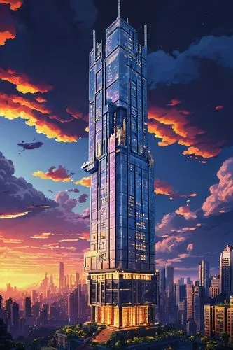 Modern skyscraper, futuristic ds architecture design, sleek silver metal exterior, large glass windows, intricate circuit patterns, neon lights embedded in walls, towering high-rise building, cityscap