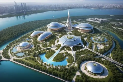 Genplan, general plan, landscape design plan, park, amusement park, Church, lakes, factories, Zaha hadid design, futuristic, skyscapers,an aerial view of a futuristic building,futuristic architecture,