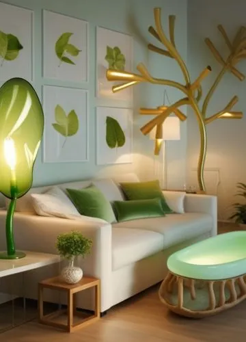 transform the floor lamp into organic form, make it glass, let the glass be like a bean, put green light in it dimly,living room with modern lighting and green furniture,modern decor,table lamps,nurse